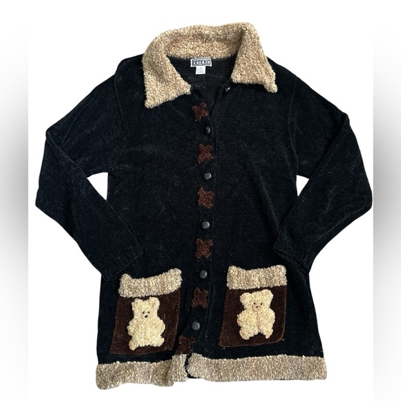 Vintage Sweaters - RARE! Vintage Berek chenille Wool blend Beat Black Cardigan Grandma Core Sz L